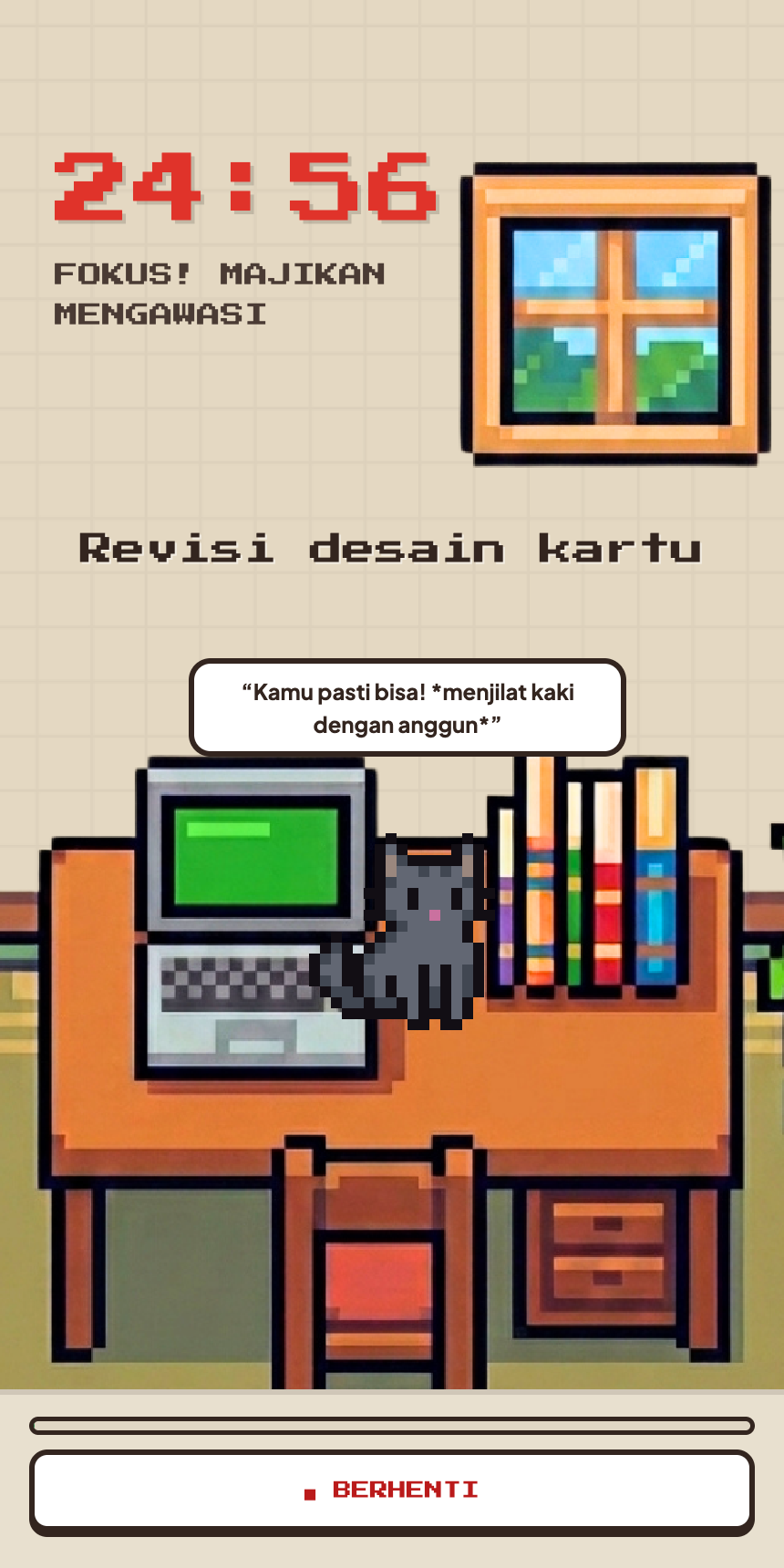 Layar pomodoro Majikan Pengawas: timer 24:56 dengan kucing mengawasi dari atas meja kerja