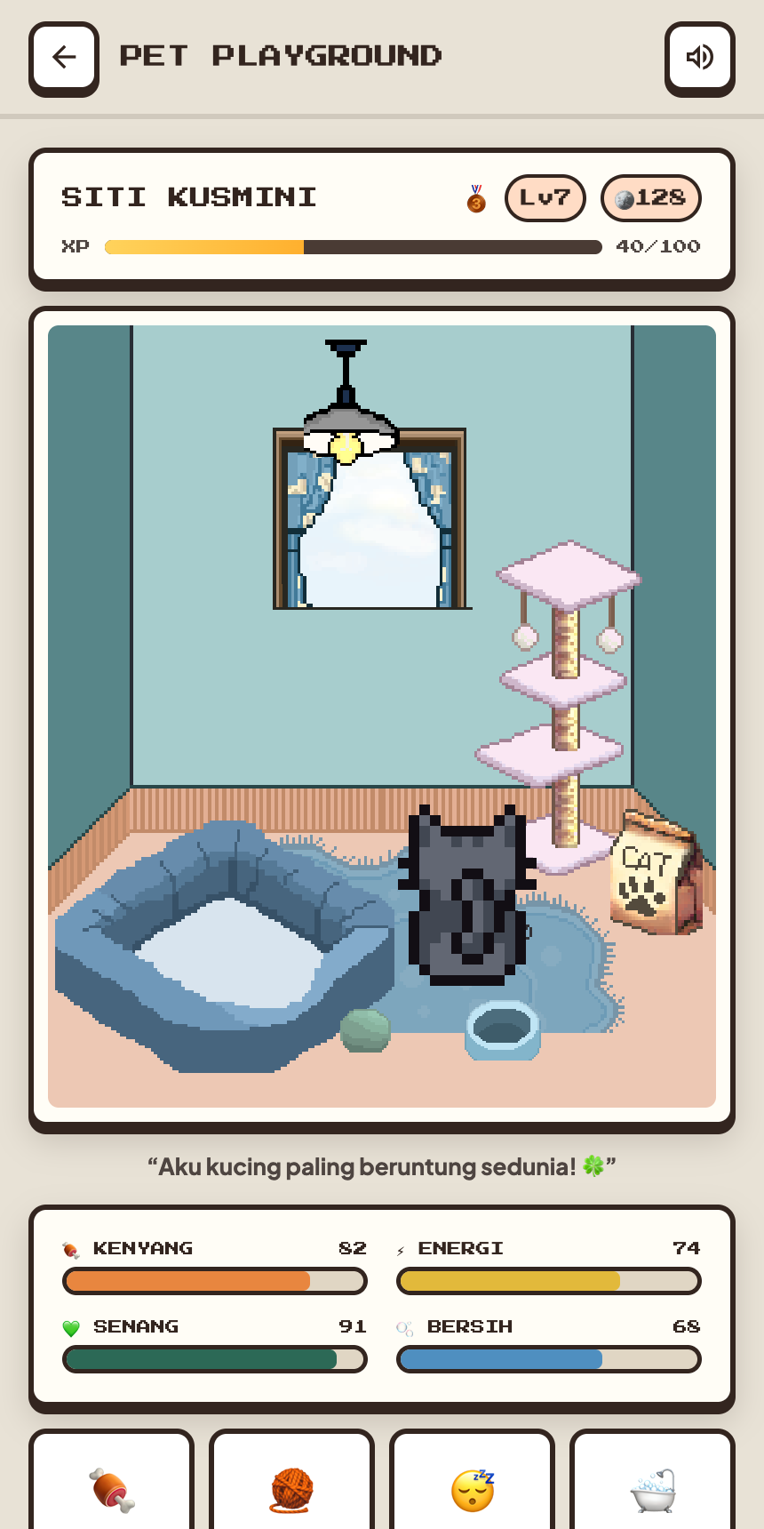Layar kamar Pet Playground: kucing 8-bit dengan status kenyang, energi, senang, dan bersih